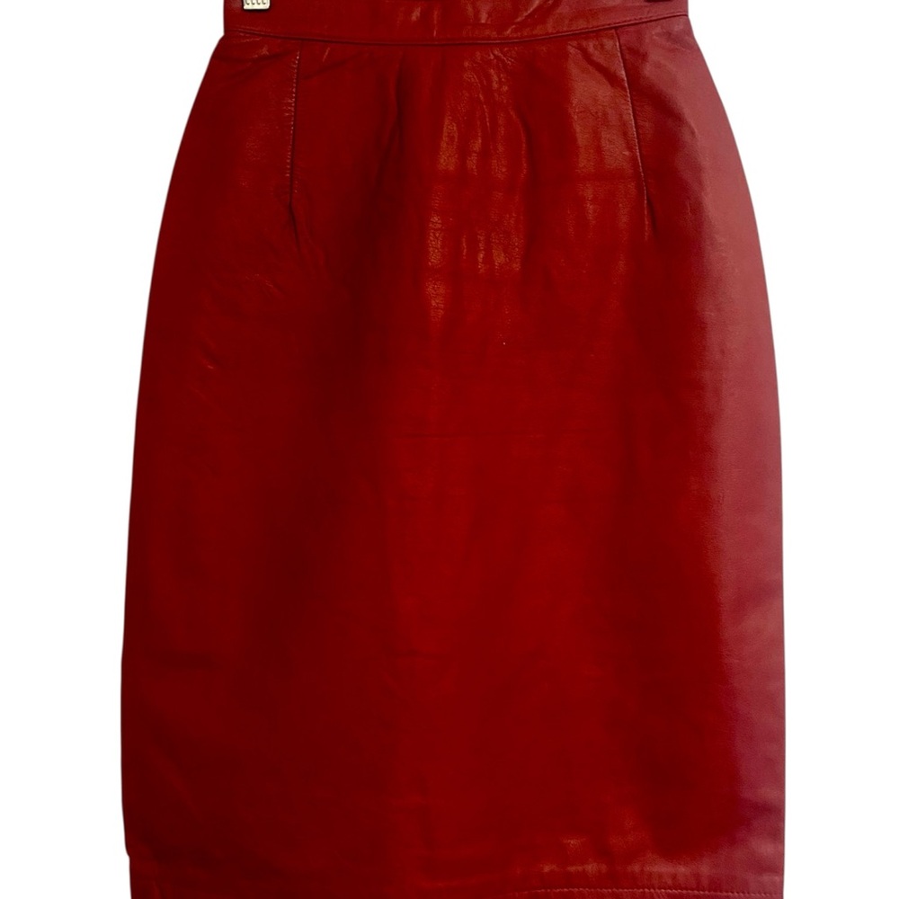 VINTAGE | Designer Red Leather Midi Skirt